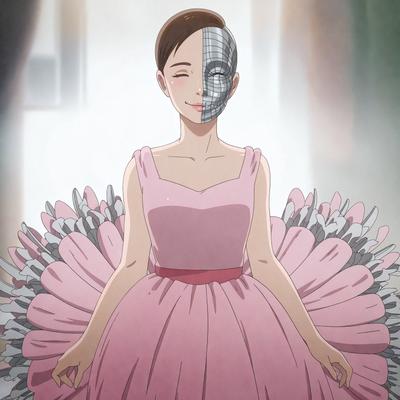 The primary subject of the image is a woman wearing a pink dress and a face mask. She is standing in a room with a pink background. The visual style of the image is digital art, and the colors and mood are predominantly pink, creating a warm and inviting atmosphere.